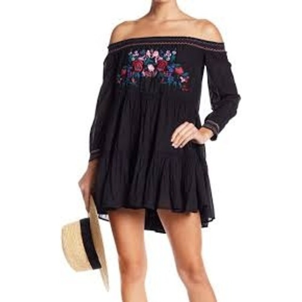 Free People Sunbeams Black Floral Embroidered Off Shoulder Tiered Mini Dress S